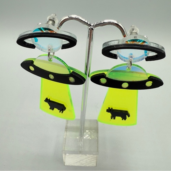 Alien Cow Spaceship Earrings - Neon Green and Black - Pierced - Picture 7 of 8